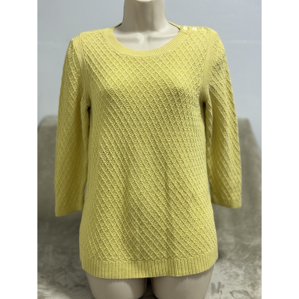 TALBOTS Button Shoulder Sweater M Yellow Cotton Crewneck‎ Retro Twee Preppy